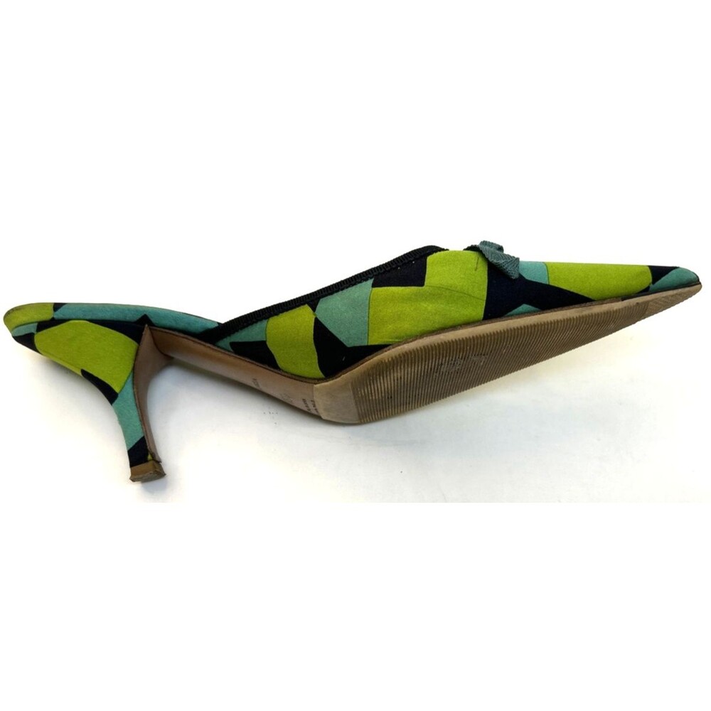 VTG Prada Mules Sz 35.5 Satin Geometric Blue Green Kitten Heels Bow Accent RARE! - Picture 9 of 15